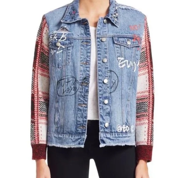 Scripted Distressed Denim Jacket Women’s L Flannel Sleeves Graffiti Embellished - Picture 1 of 8